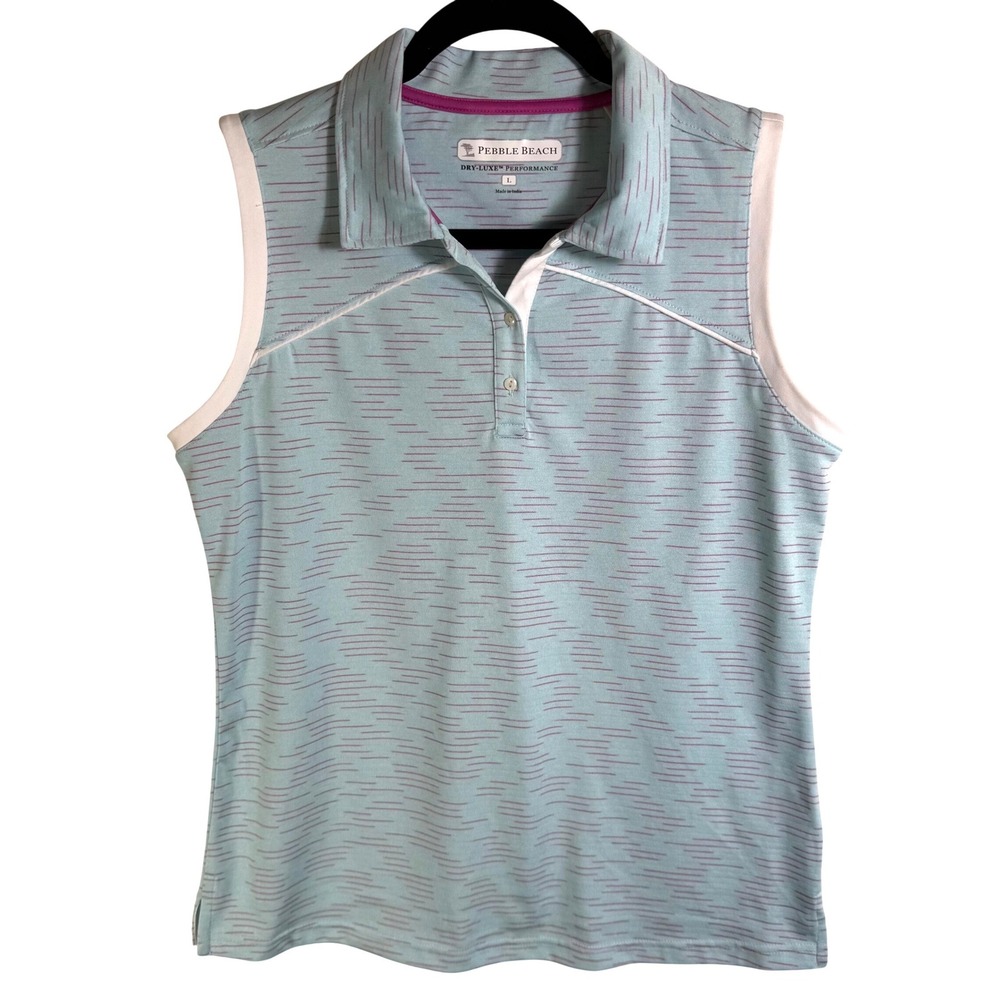 Pebble Beach Dry-Luxe Performance Sleeveless Golf Polo Blue Dash Print Large